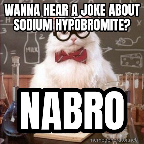 Chemistry Cat meme: Wanna hear a joke about sodium hypobromite? / nabro