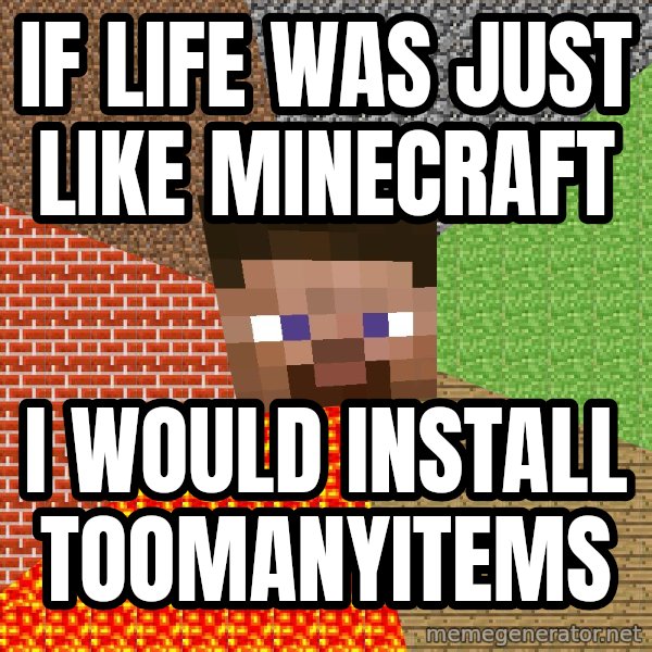 Minecraft Guy meme: IF LIFE WAS JUST LIKE MINECRAFT / I WOULD INSTALL TOOMANYITEMS