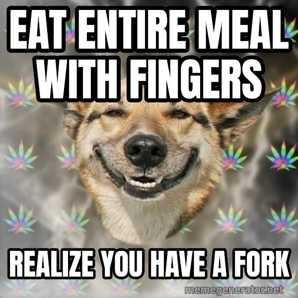 Stoner Dog meme: Eat entire meal with fingers / Realize you have a fork