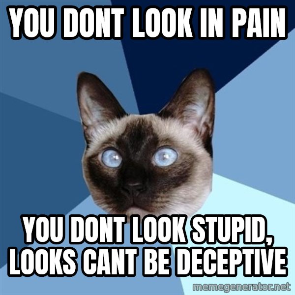 Chronic Illness Cat meme: You dont look in pain / you dont look stupid, looks cant be deceptive