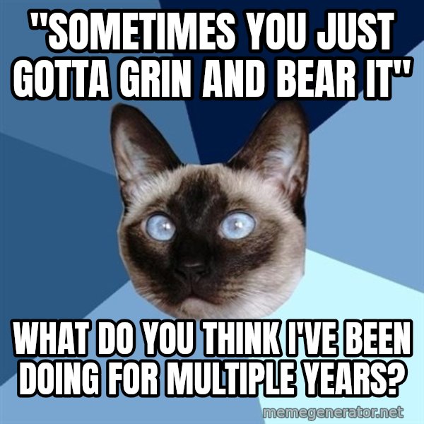 Chronic Illness Cat meme: "sometimes you just gotta grin and bear it" / what do you think I've been doing for multiple years?