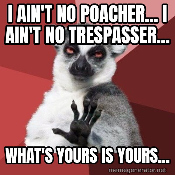Chill Out Lemur meme: i ain't no poacher... i ain't no trespasser... / what's yours is yours...