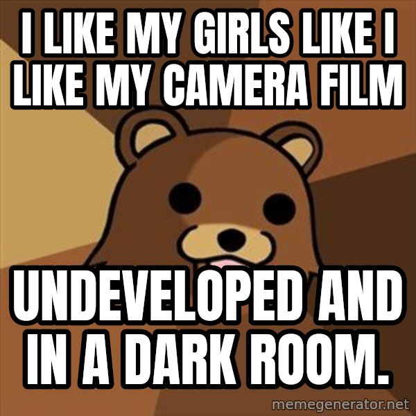 Pedobear meme: I like my girls like i like my camera film / undeveloped and in a dark room.