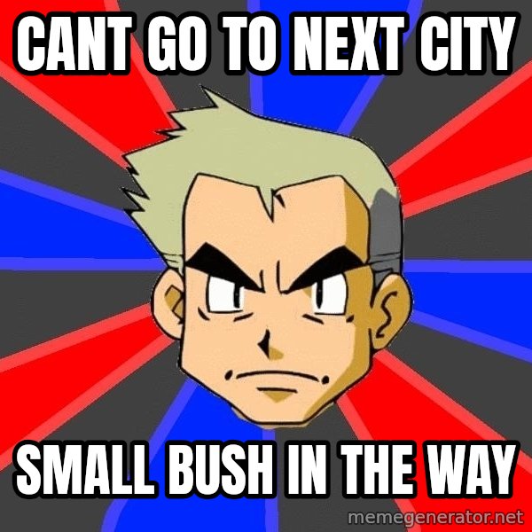 Professor Oak meme: cant go to next city / small bush in the way