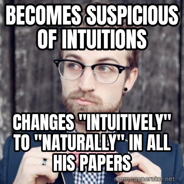 Scumbag Analytic Philosopher meme: becomes suspicious of intuitions / Changes "intuitively" to "naturally" in all his papers