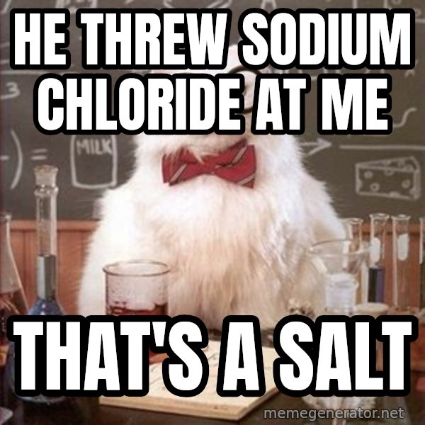 Chemistry Cat meme: he threw sodium chloride at me / that's a salt