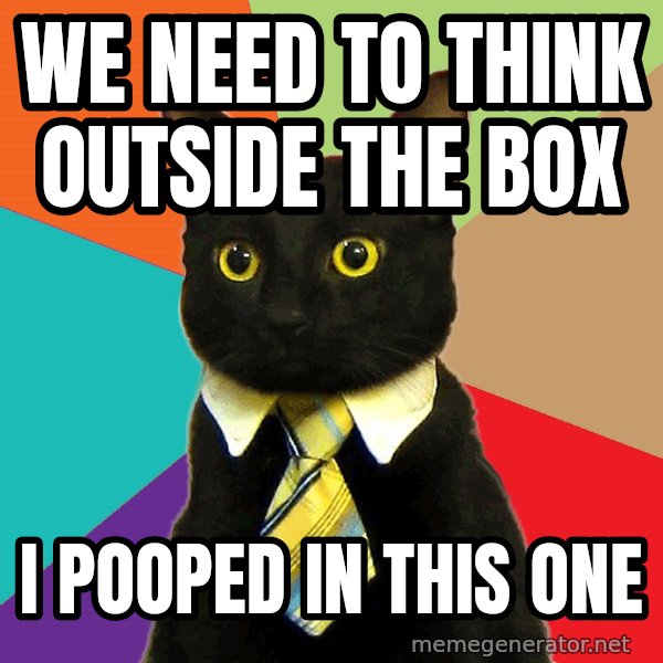 Business Cat meme: WE NEED TO THINK OUTSIDE THE BOX / I POOPED IN THIS ONE