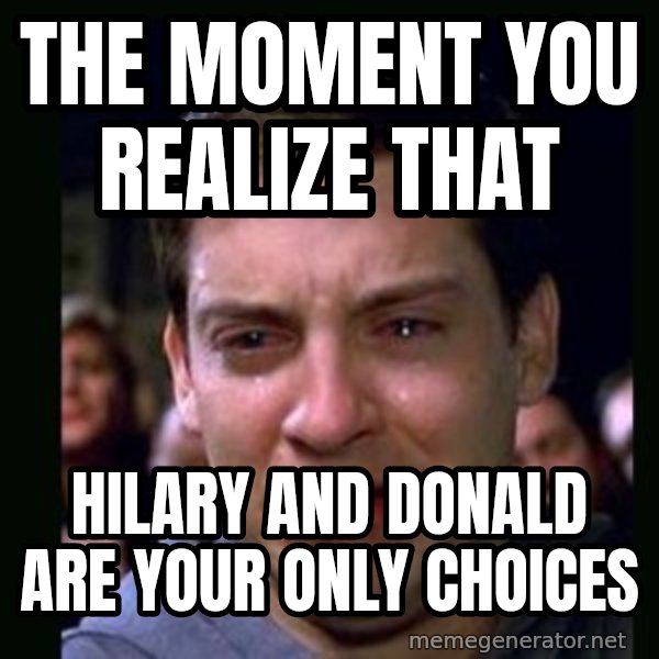 crying peter parker meme: The moment you realize that / Hilary and Donald are your only choices