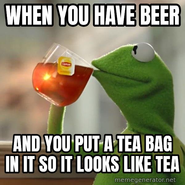 Kermit The Frog Drinking Tea meme: when you have beer / and you put a tea bag in it so it looks like tea