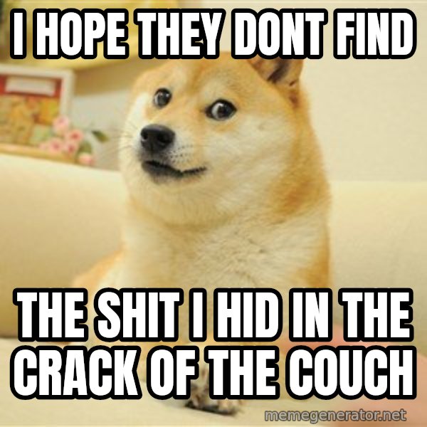 so doge meme: i hope they dont find / the shit i hid in the crack of the couch