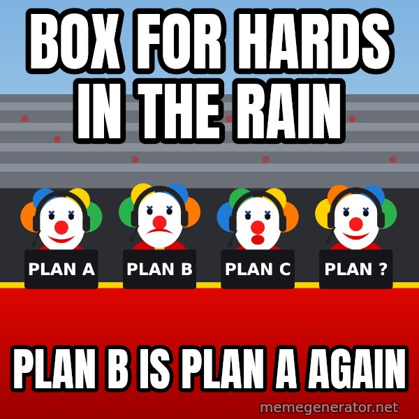 Ferrari Clown Pit Wall meme: Box for hards in the rain / Plan B is plan A again