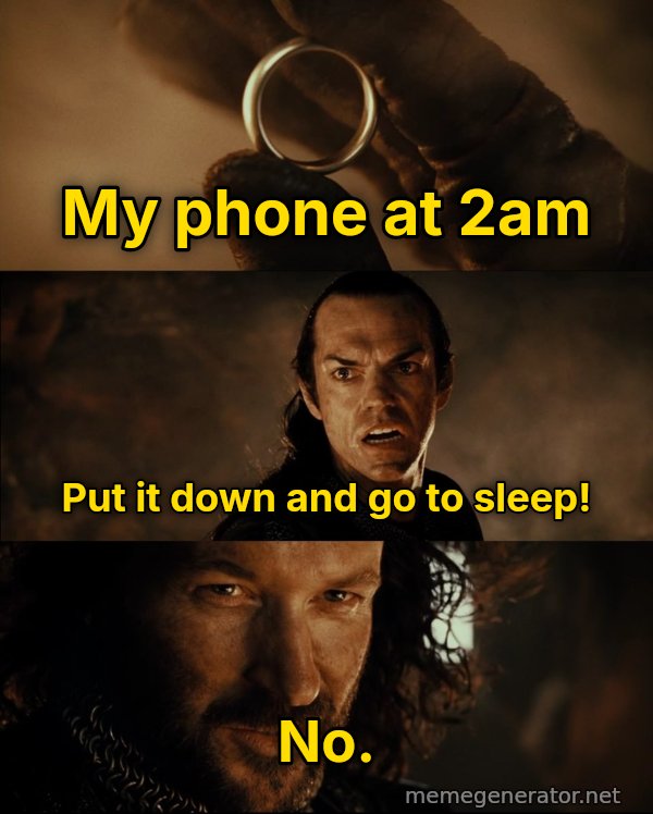 Cast It Into the Fire meme: My phone at 2am / Put it down and go to sleep! / No.