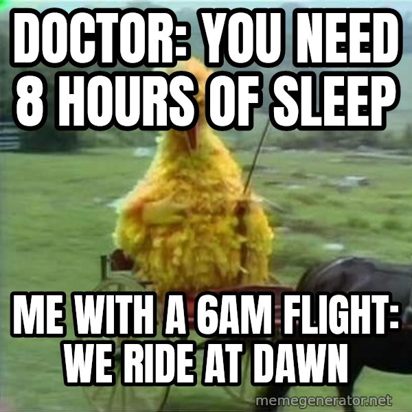 We Ride At Dawn meme: Doctor: you need 8 hours of sleep / Me with a 6am flight: we ride at dawn